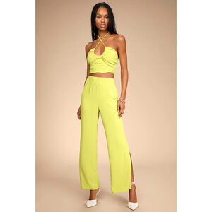 Lulus Follow The Breeze Lime Green High-waisted Wide-leg Pants - Size L